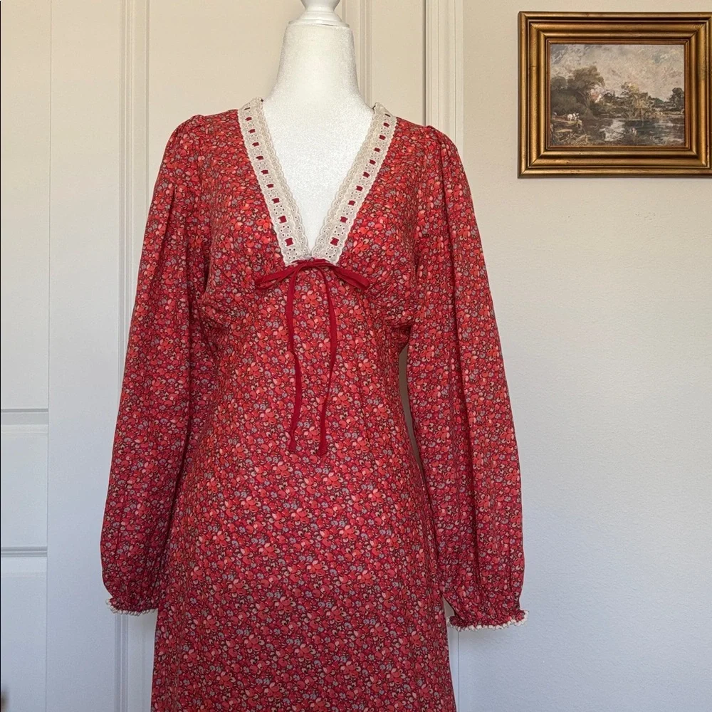 Christy Dawn Red Floral Maxi Dress with Cream Lace Trim - Picture 4 of 8